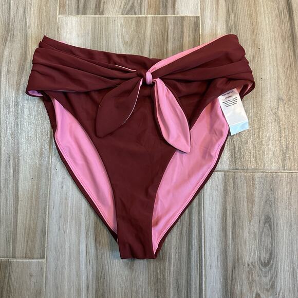 NWT Veronica Beard Swim Bikini Bottoms Azoia M Maroon Pink High Waist Deep Brick - Picture 1 of 7